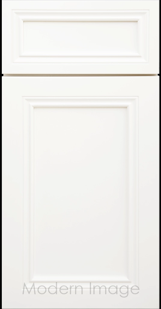 Close-up of Corona cabinets in Dove White with mitered molding and flat center panel.
